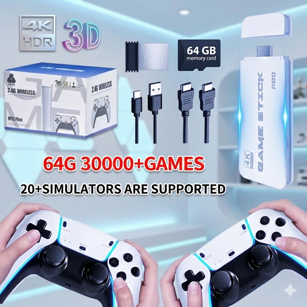 M15 4K Gaming Stick with 64GB Storage, 30,000+ Retro Games, Wireless Controllers, and Support for Over 20 Emulators for HD TV Gaming