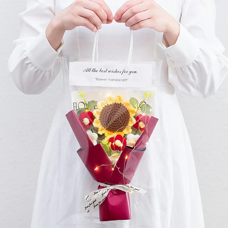 1Pc LED Crochet Bouquet Artificial Handmade Sunflower Rose Bouquet Valentine'S Day Anniversary Wedding Mothers Day Birthday Gift