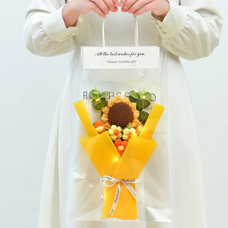 1Pc LED Crochet Bouquet Artificial Handmade Sunflower Rose Bouquet Valentine'S Day Anniversary Wedding Mothers Day Birthday Gift
