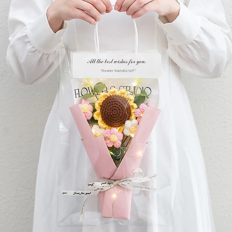 1Pc LED Crochet Bouquet Artificial Handmade Sunflower Rose Bouquet Valentine'S Day Anniversary Wedding Mothers Day Birthday Gift