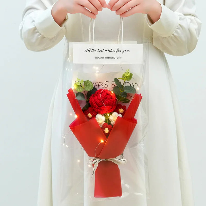 1Pc LED Crochet Bouquet Artificial Handmade Sunflower Rose Bouquet Valentine'S Day Anniversary Wedding Mothers Day Birthday Gift