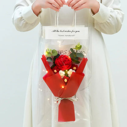 1Pc LED Crochet Bouquet Artificial Handmade Sunflower Rose Bouquet Valentine'S Day Anniversary Wedding Mothers Day Birthday Gift