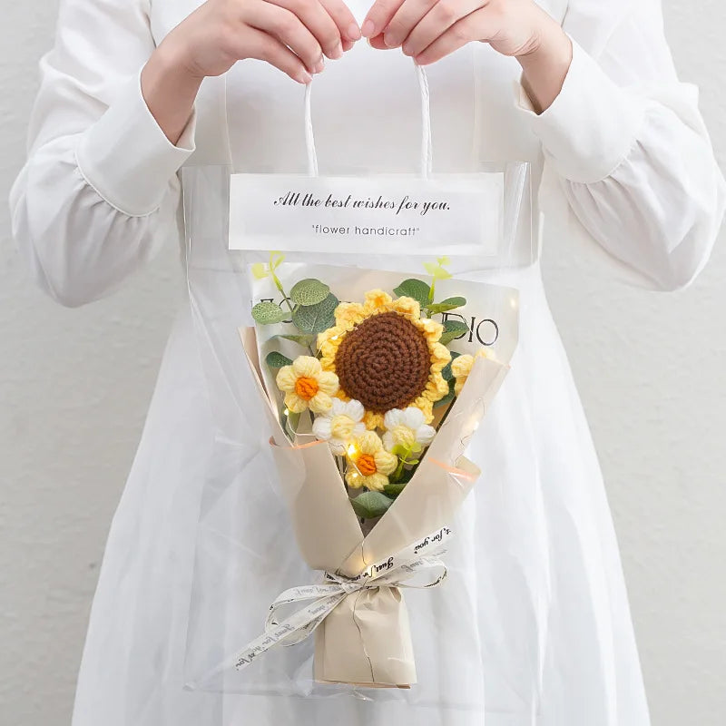 1Pc LED Crochet Bouquet Artificial Handmade Sunflower Rose Bouquet Valentine'S Day Anniversary Wedding Mothers Day Birthday Gift